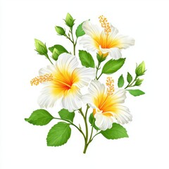 Elegant White and Yellow Hibiscus Flowers with Buds and Green Leaves Isolated