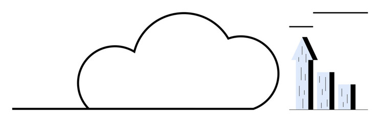 Cloud outline connected to increasing bar graph with upward arrow. Ideal for technology, analytics, progress, innovation, business scaling, cloud services, simple landing page
