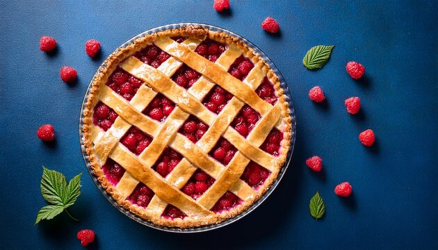 aerial view of a freshly baked raspberry pie with a lattice crust on a dark blue background arranged in flat lay style with vibrant studio lighting