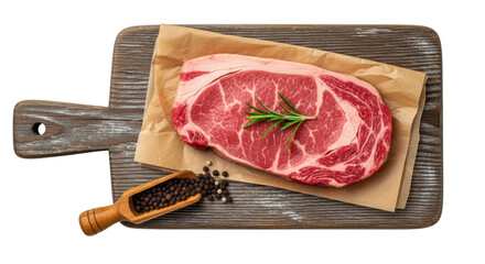 Isolated ribeye steak with rosemary and peppercorns