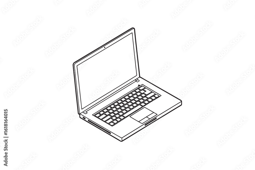Poster isometric line art illustration of an open laptop computer perfect for technical drawings or minimal