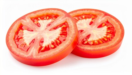 Three vibrant tomato slices with visible seeds and juicy texture, paired with two green leaves, symbolizing freshness, flavor, and natural culinary appeal.