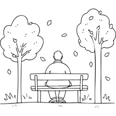 Elderly man sitting on a bench in park during autumn leaves falling  - Concept of World Mental Health Day   