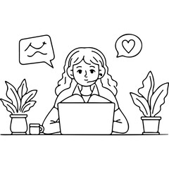 Young woman working on laptop with plants around, concept of World Mental Health Day  