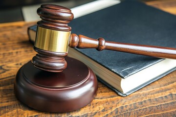 Judge gavel and legal book on wooden desk symbolizing law, justice, and courtroom decision