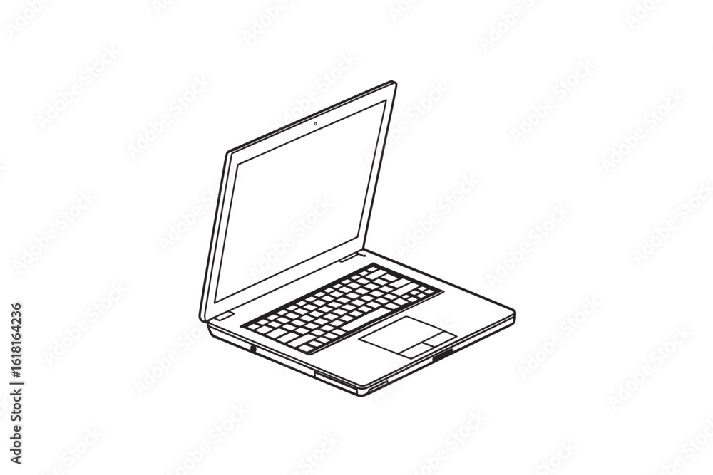 Poster minimalist line art illustration of an open laptop computer ideal for technology design and office r