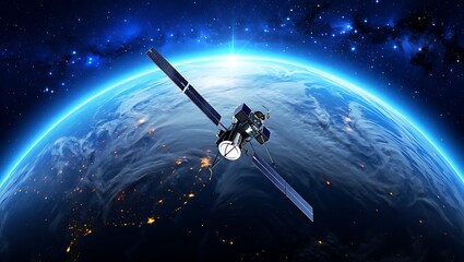 Naklejka premium Satellite orbiting Earth with stunning celestial background light and vivid colors offering advanced technology and space exploration concepts