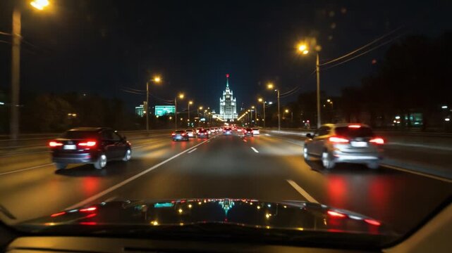 A Captivating Night View from a Dashboard, Showcasing the Bright City Lights and Iconic Architecture Against a Darkened Sky Along the Busy Urban Roadway