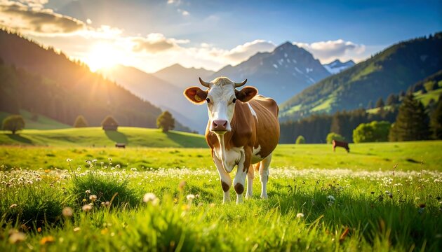 Cow in a meadow at sunset, mountains in the background