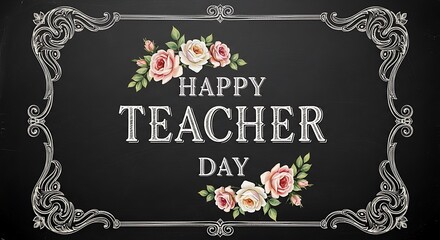 Beautiful floral border frames happy teacher day message on chalkboard background
