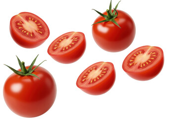 Vibrant red cherry tomatoes, whole and precisely cut halves with visible seeds, levitating in mid-air against a clean white studio background from a high-angle, no shadows, ultra-realistic. Concept