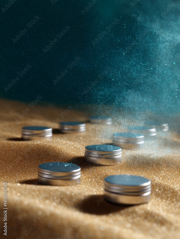 Poster a dynamic arrangement of metallic coins on a shimmering surface. the coins create an intriguing visu