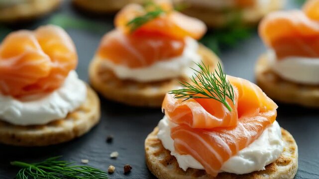 Close-up of smoked salmon slices placed over cream cheese on mini pancakes, garnished with fresh dill. Elegant appetizer presentation. Delicious food.