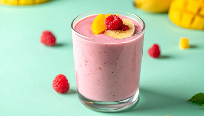 Glass of creamy raspberry, mango and banana smoothie on pastel green surface. Delicious drink.
