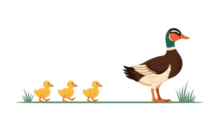 Flat animal vector of ducklings following mother duck