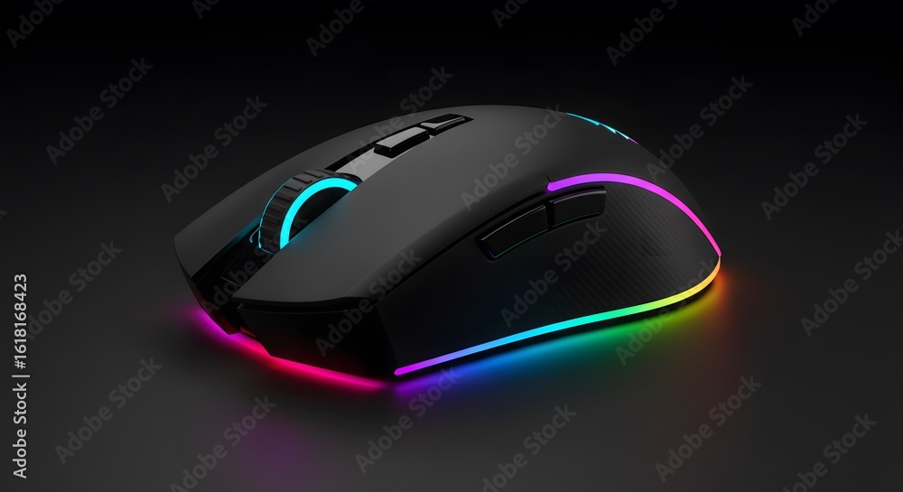 Poster a black computer mouse is displayed illuminated with a rainbow of rgb lights on a black surface