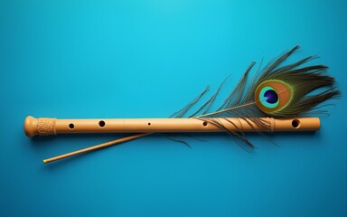 Bamboo flute adorned with peacock feather symbolizing Lord Krishna during Janmashtami photographed on blue background with space for text. High quality