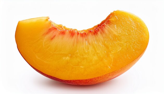 fresh peach slice isolated on white background showing juicy texture and vibrant orange yellow color perfect for food nutrition or summer concepts