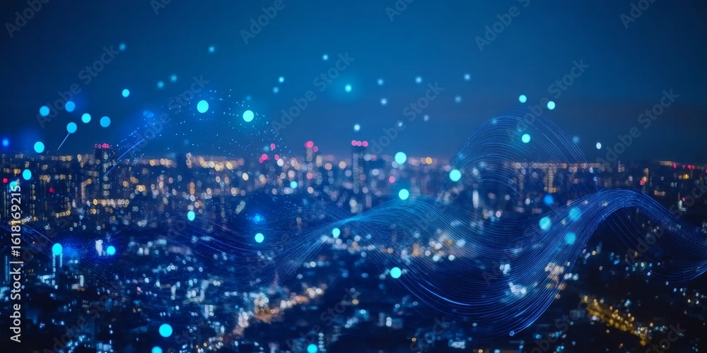 Poster futuristic smart metropolis bathed in dark ambience with global big data and interconnected networks