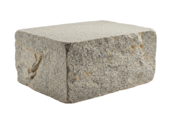 A large, rectangular natural granite rock, rough textured, mottled grey, beige, brown tones, sparkling mineral flecks, isolated on a transparent background with copy space, bright diffused studio