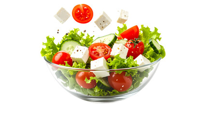 Fresh ingredients like cherry tomatoes, cucumber slices, lettuce, and feta cheese being tossed mid-air over a glass bowl with dramatic lighting isolated on solid white background Png format