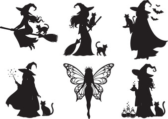 Fototapeta premium Witches cats bats fairy potions flying broom, witch, flying, broom, cat, black, silhouette, halloween, bats, fairy, wings, magic, potion, wizard, costume, fantasy, spooky, night, creature, spell, caul