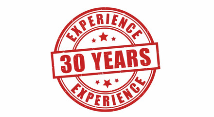 Circular red grunge stamp seal with 30 Years Experience text and stars symbolizing a thirtyyear anniversary or expertise.