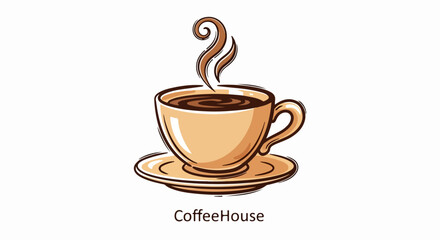 HandDrawn Illustration of a Steaming Coffee Cup and Saucer.