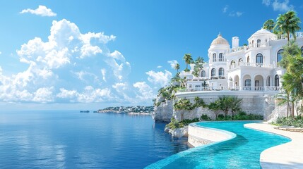 Fototapeta premium Luxurious beachfront villa offe romantic getaways and idyllic holidays perfect for honeymoons with stunning ocean views and an infinity pool.