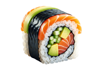 Close-up of a sushi roll with colorful fillings.
