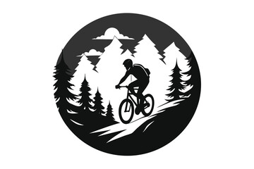 Black and White Silhouette of Mountain Biker on a Hill Surrounded by Trees