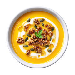 Vibrant Orange Pumpkin Ginger Veloute Soup Served with Pumpkin Seed Brittle and Drizzled Ginger Oil
