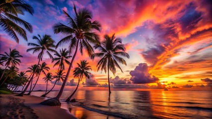 A vibrant sunset paints the sky with fiery colors over a tropical beach lined with silhouetted palm trees