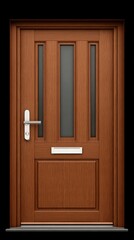 Brown paneled door with silver handle and mail slot, set against a black background