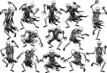 Fototapeta premium Dancing skeletons in ragged robes spooky Halloween, skeleton, dancing, spooky, halloween, horror, black and white, illustration, creepy, macabre, gothic, costume, supernatural, death, undead, grim rea