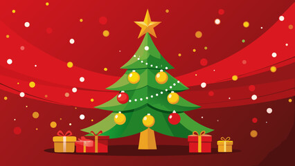 Festive christmas tree with gifts and ornaments on red background