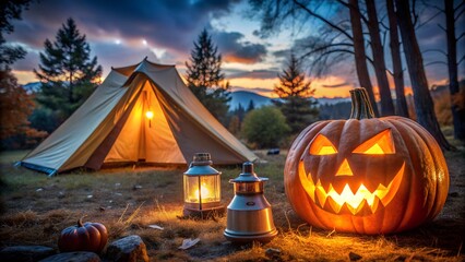 A glowing jackolantern sits by a tent and lanterns at a campsite in the woods at dusk