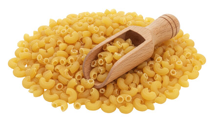 Isolated Elbow Macaroni Pasta Pile with Wooden Spoon