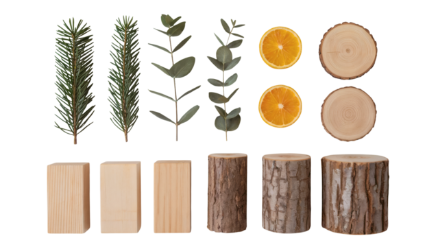 Natural elements including pine sprigs, eucalyptus, oranges, and wood pieces for festive crafting