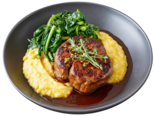 Slow Cooked Veal Shank with Madeira Wine Reduction and Smoked Polenta Served with Braised Baby Chard