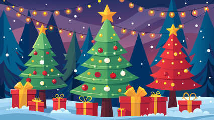 Festive christmas trees and gifts in a snowy forest scene
