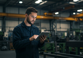 A man in a factory looks at a tablet in his hands with machinery in the background of the image