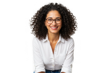 Woman smiling with curly hair and glasses on transparent background