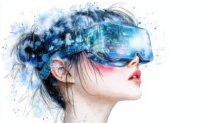 A young woman wea a futuristic VR headset explores the immersive world of the metaverse, experiencing blockchain technology and its transformative potential within a digital
