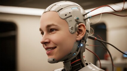 Fototapeta premium robot wearing a Brain-Computer Interface (BCI) for Neurotechnology and medical applications.