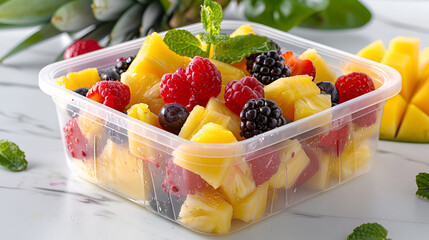 Fruit salad in a plastic container with pineapple raspberries and blackberries on a marble surface .