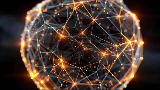 The sphere looks like a weave of threads that create a structure of many holes. Around the sphere, there are flowing lines, like energy streams that originate from it and spread into the surrounding s