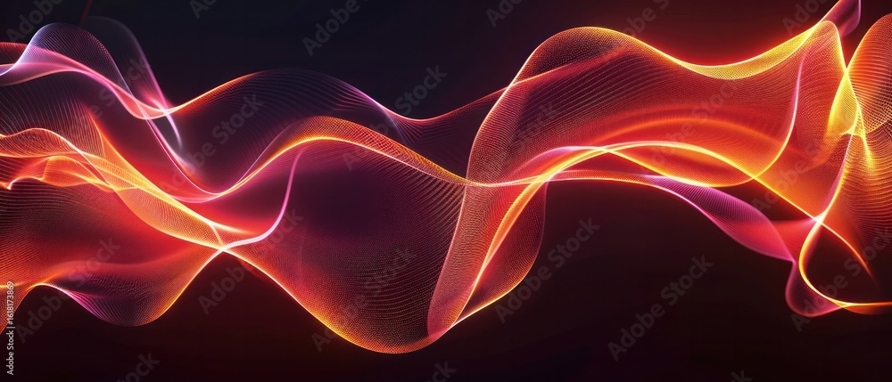 Poster flowing lines of light in red and orange colors on black, creating an elegant and dynamic visual eff