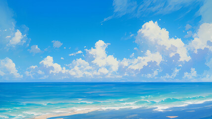 Obraz premium 青空と海が一体となり、懐かしさを感じる光に包まれたノスタルジックな風景を手描きタッチで描いたパノラマイラスト。癒しと郷愁を感じる背景に最適