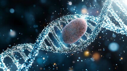 Abstract minimalist design showcasing a detailed fingerprint seamlessly integrated within a glowing DNA helix structure, representing genetic identity and biometrics.